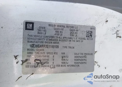 2016 Chevrolet Express 2500 Work Van z USA, uszkodzony, nr VIN 1GCWGAFF7G1119109